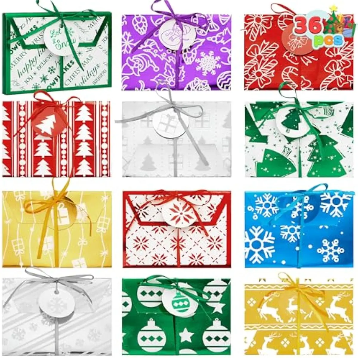 JOYIN 36PCS Christmas Fancy Foil Gift Card Holder Boxes with Ribbon, 4.5" x 3.25" x 0.4" Money Cash Envelopes Card Box for Gift Giving, Xmas Party Birthday Present Wrapping Decor, 12 Designs, 6 Colors