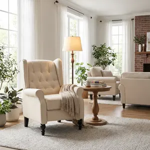 Best Gift BALIAAFurnitureLuxurious Beige Tufted Wingback Recliner Chair with High Back and Push Back Function - Plush Linen Upholstery, Sturdy Metal Legs, and Durable Hardwood Frame - Ideal for Living Room Accent, Carpeted Floor, and Relaxation