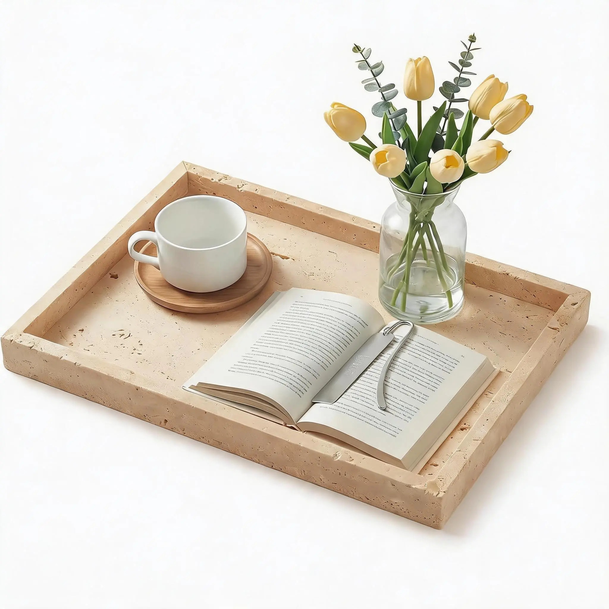 GARVEE Natural Yellow Travertine Stone Jewelry Tray – Rectangular Organizer for Bathroom Vanity, Perfume, and Accessories – Decorative Storage Display Tray, 30x20x3cm