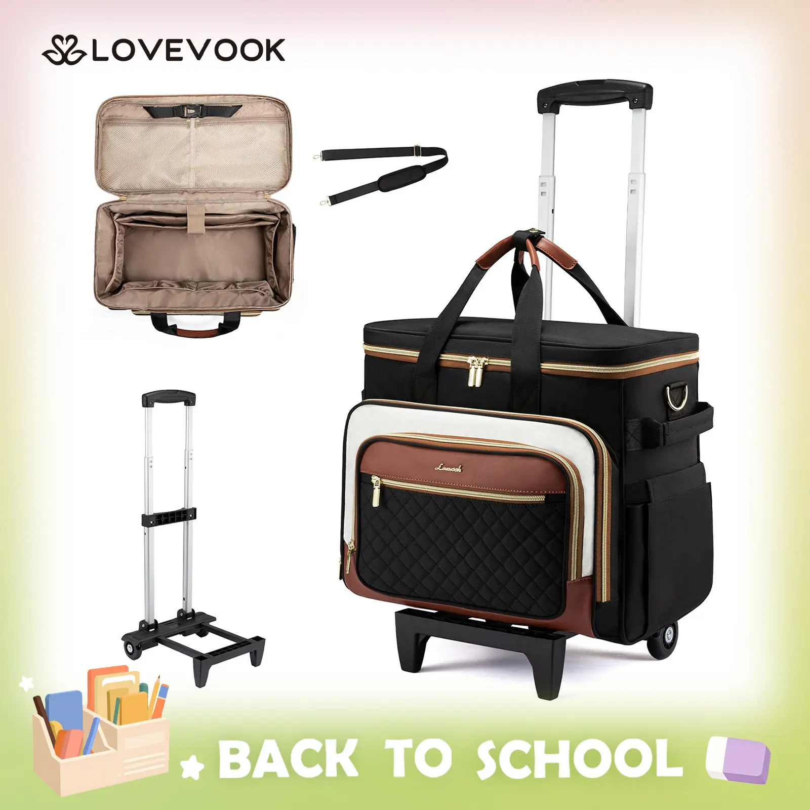 LOVEVOOK Rolling Teacher Bag with Detachable Dolly and Laptop Compartment, Large Rolling Tote Bag fits for 17.3" Laptop for Teacher Office Work Craft Nurse, Quilted-Black TikTokShopBackToSchool
