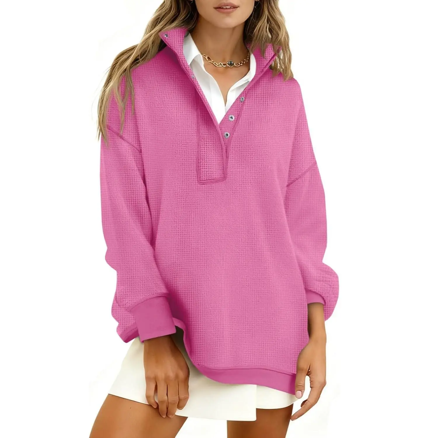 Fisoew Women's Cozy Waffle Knit Oversized Sweatshirt - Casual Snap Stand Collar, Long Sleeves, Comfortable Fabric Pullover Top for Fall Travel Outfits, Check Knitwear Crewneck, Longsleeves