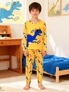 Boys' 2-Piece Dinosaur Animal Print Pajama Set, Spring & Fall Long Sleeve Sleepwear, Casual Fitted Home Wear, Sleepwear Pajamas