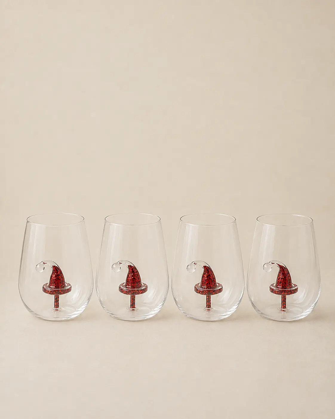 Jeanne Fitz Glitter Christmas Santa Hat Stemless Wine Glass, Set of 4