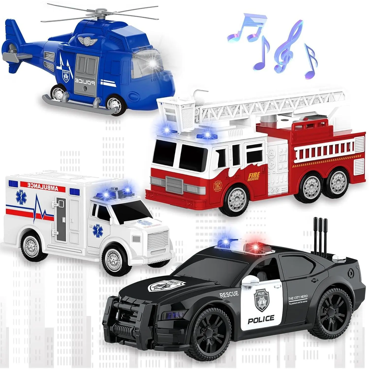 Four packs of fire engine toys, ambulances, police cars and helicopters Remote Control Car Truck