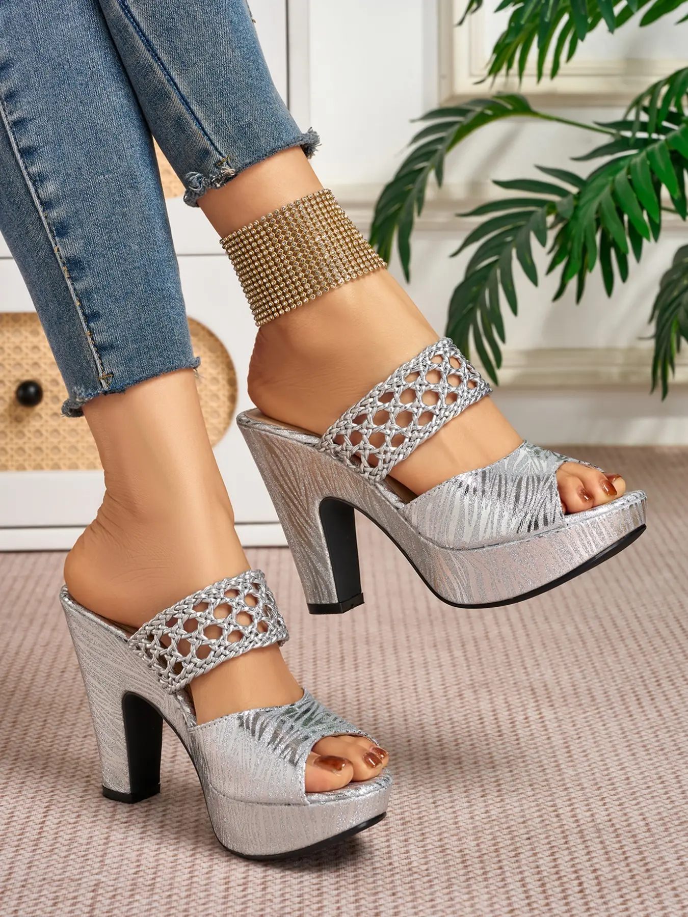 Women's Elegant Hollow Out Knitted High Heel Sandals, Backless Sandals, Summer, Round Toe Cone Heels, Artificial Leather, Medium Width, Less Than Ankle Height Footwear