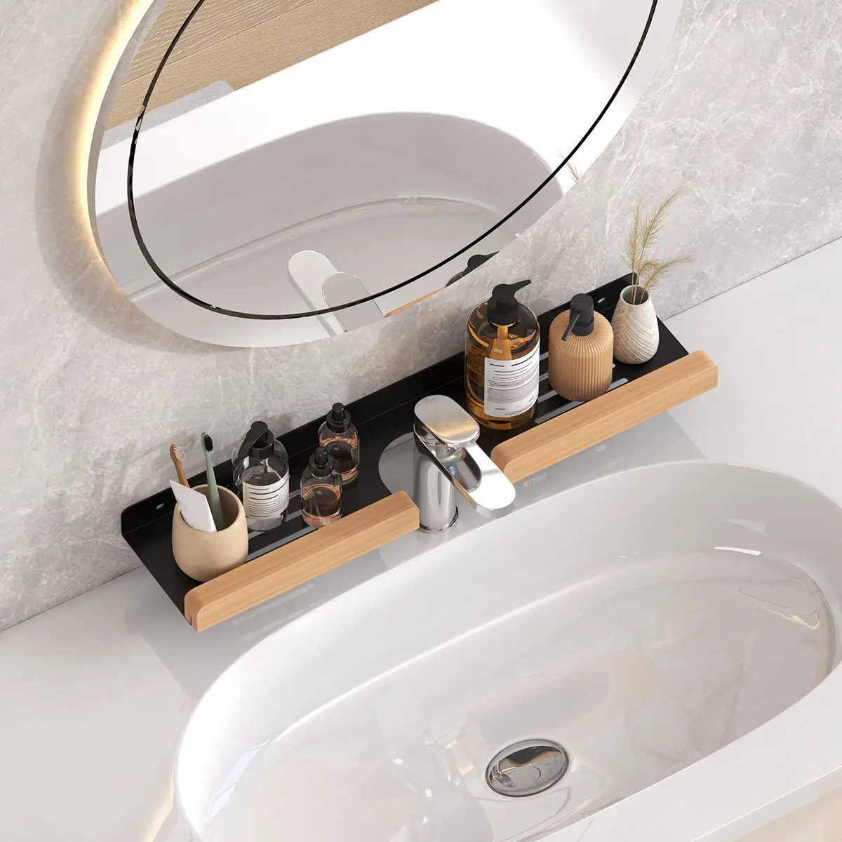 Modern U-Shaped Bathroom Storage Rack, Wood Hanging Organizer, No-Drill Design, Ideal for Bathrooms & Washroom Accessories, Bathroom Organizing Accessories, Bathroom Essentials Accessories, Bathroom Organizer Supplies