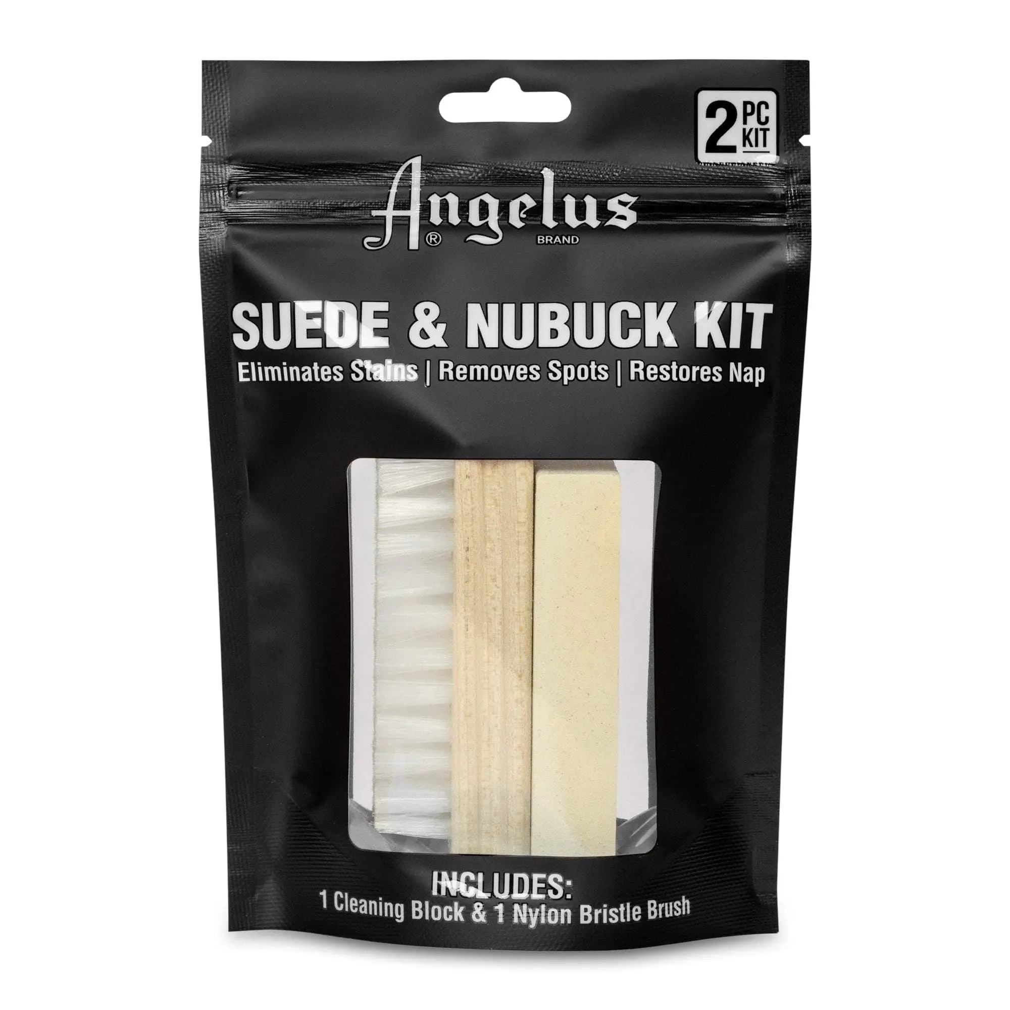 Angelus Nubuck & Suede Care Kit, 2 Pc Set with Nylon Brush, 1 Cleaning Block for Stain Removal & Spot Cleaning, 2 Pc Kit, Removes Stains, Nubuck Cleaning & Care