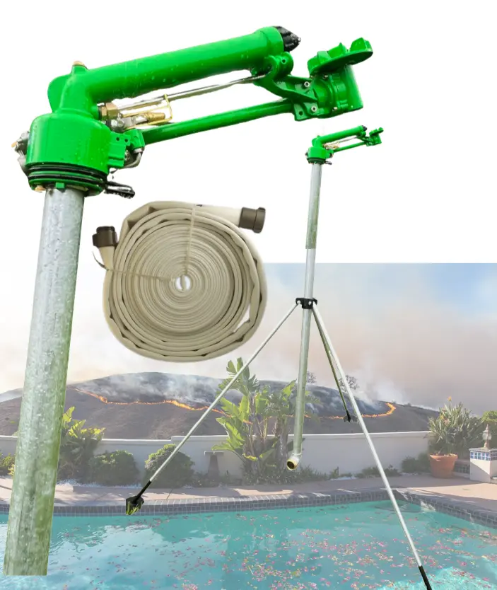 Water Cannon Home Wildfire Defense Sprinkler Rain Gun and Heavy Duty Tripod with 100 feet of Single Jacket Fire Hose - Save Your Home with Your Swimming Pool Water