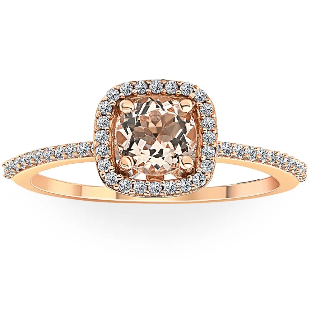 1 Ct Cushion Halo 6mm Morganite & Diamond Rose Gold Engagement Anniversary Ring