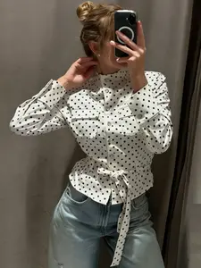 Casual White & Black Polka Dot Jacket Women's Jacket Spring Fall 2026 Elegant Women's Cropped Button Long Sleeve Top Outerwear New Arrival Adjustable Tie Waist Big Pockets Shirt Jackets