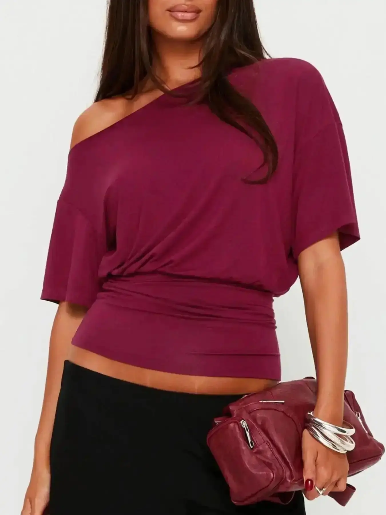 Women's Cinched Waist Asymmetrical One Shoulder Crop Top Slim Fit Sexy Solid Off The Shoulder T-Shirt, Women Blouse Shirt Crop Top Office Work Going Out Date Night Layering Casual, shell top, dolman sleeve top cozy style