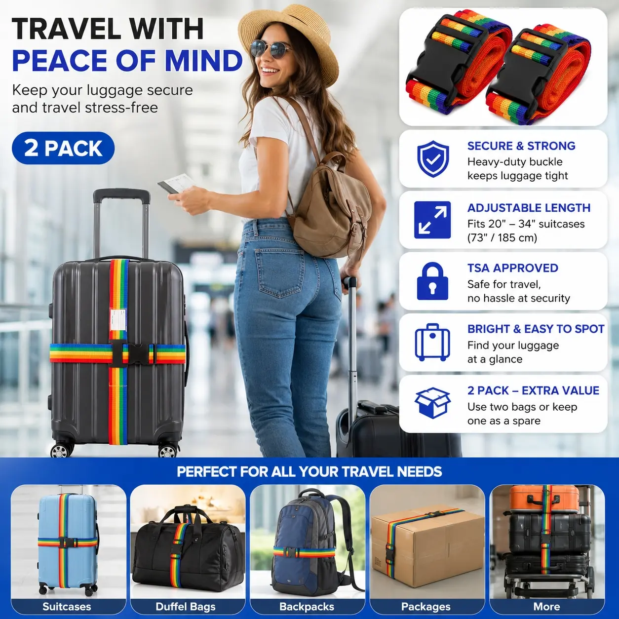 2 Pack Luggage Straps 73in/185cm Adjustable Suitcase Belts, Heavy Duty Non-Slip Travel Bag Tie with Quick Release Buckle, Secure No-Lock Luggage Strap for Carry On Checked Bags, Backpack, Travel Accessories for Men Women Business Trips