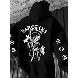 Unisex Edgy Reaper Graphic Oversized Hoodie – Black & White Print, "Bad Omens" Typography & Skeleton Design, Dark Streetwear Aesthetic, Soft Fleece Fabric, Relaxed Fit, Perfect for Alternative Fashion Fans, Durable High-Quality Print