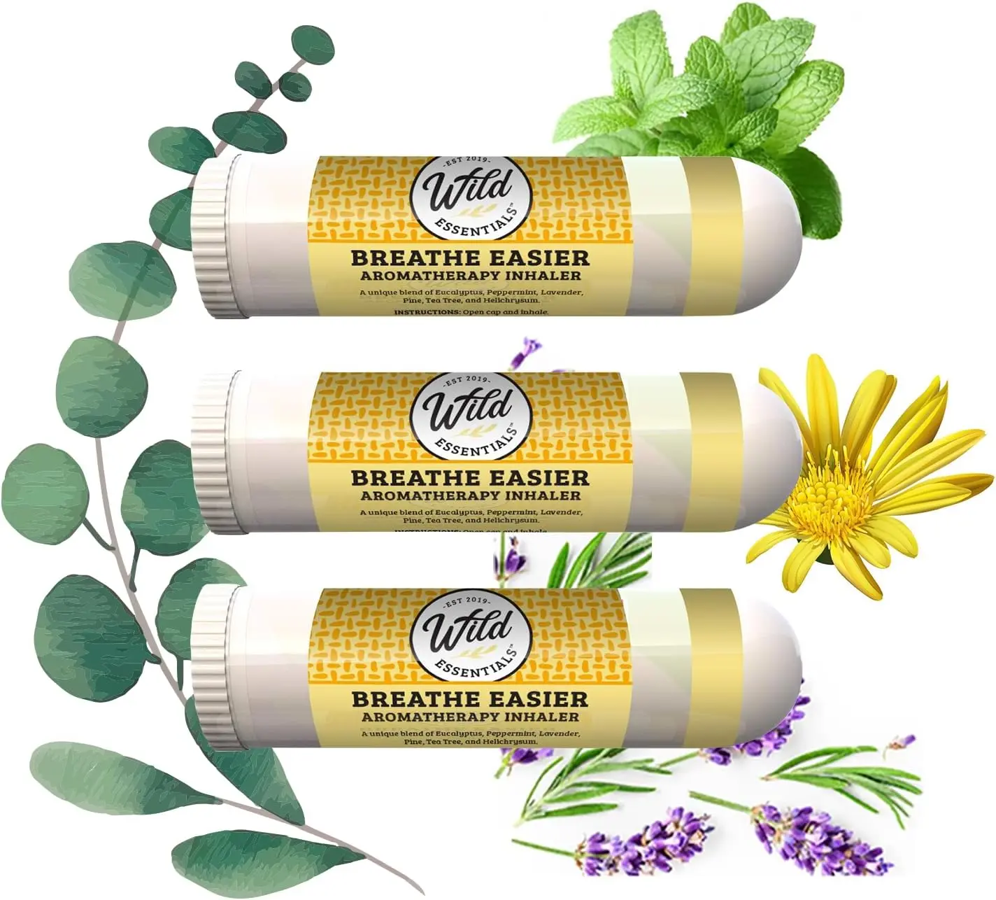 Wild Essentials 3 Pack of Breathe Easier Aromatherapy Nasal Inhalers Made with All Natural, Therapeutic Grade Essential Oils to Help with Sinus Congestion and Allergies. Made in the USA