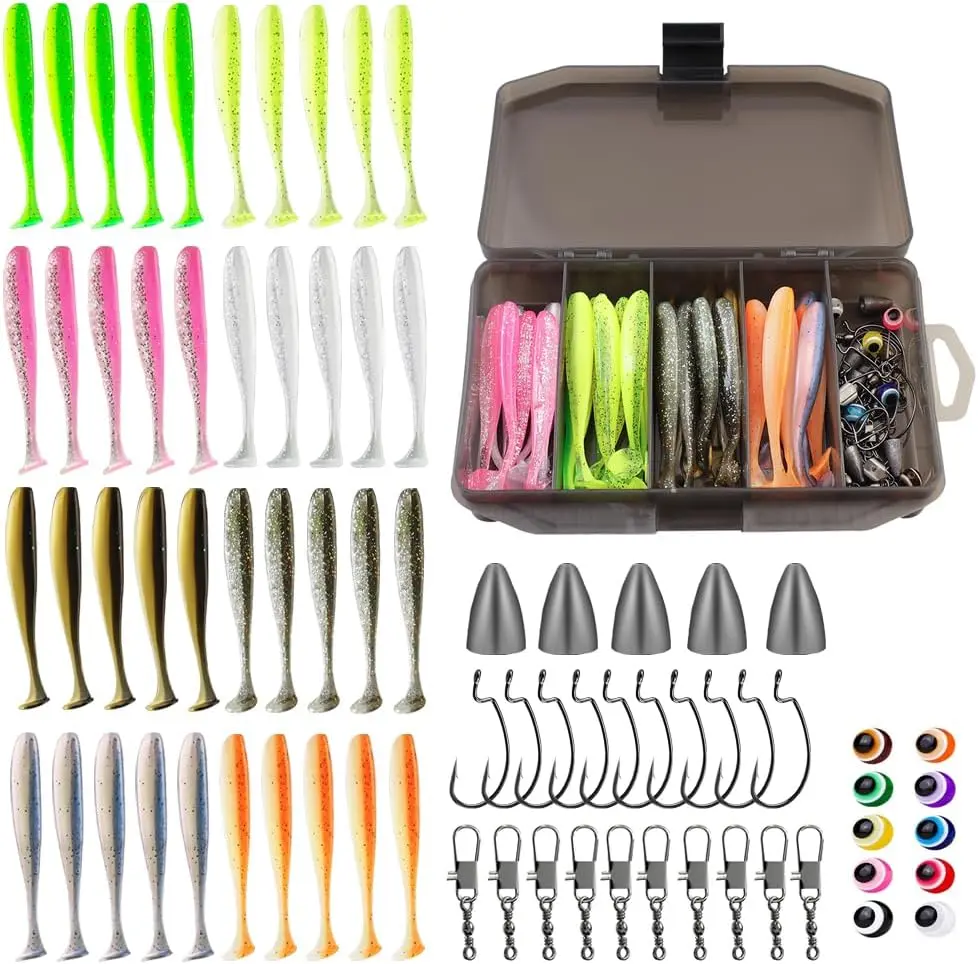 76 Pieces Texas and Carolina Rig Set, Anti-Scratch Soft Bait, Tail Lure, Complete Fishbait Kit, Bass & Trout Fishing Tackle, Fishing Tools, Fishing Stuff