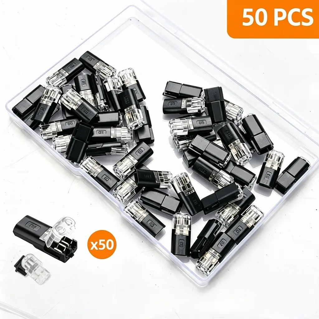 50Pcs 2-Pin Solderless LED Strip Connectors with Copper Contacts, Weatherproof Plug-and-Lock Buckle Low Voltage Tools for 12v/24v 20-22awg Wires, Boat & Landscape Lighting DIY Projects, Diy Home Decor