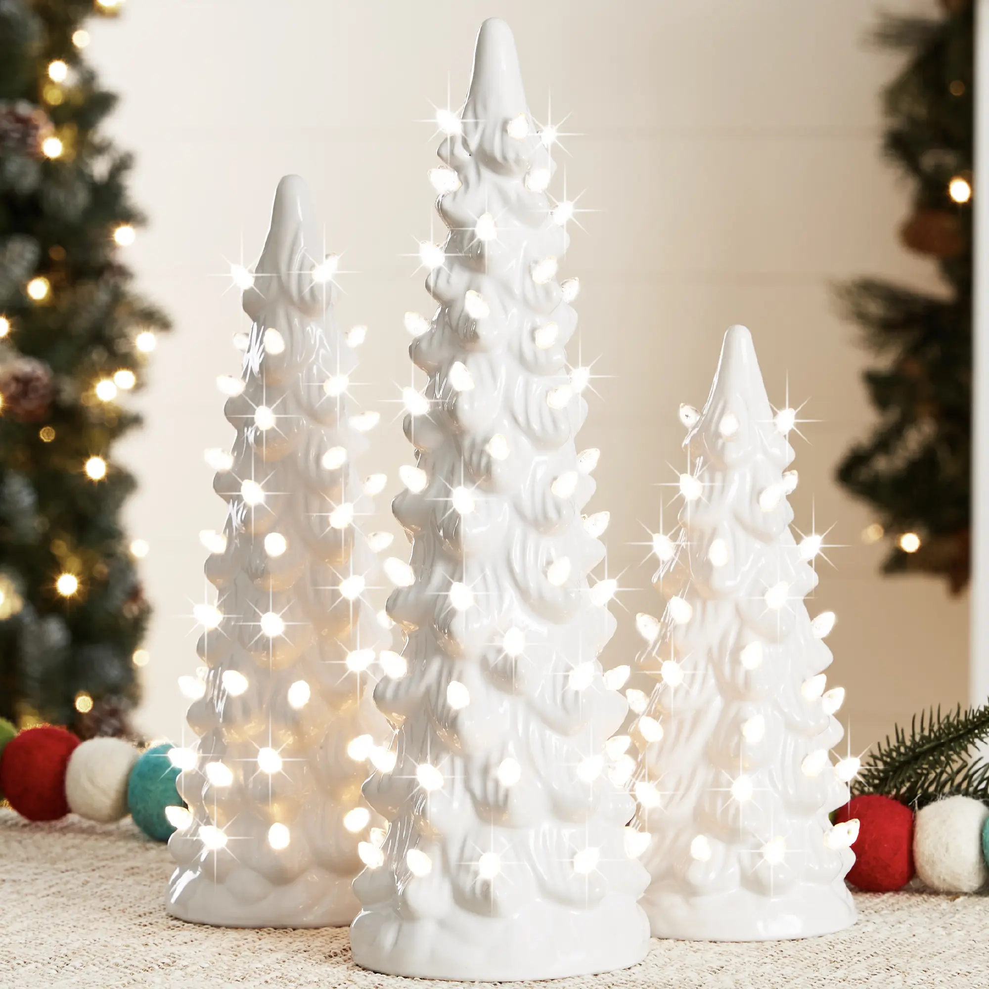 Festive Decor Pre-Lit Hand-Painted Glossy Ceramic Tree-Shape Tabletop Christmas Trees, 3-Piece Multi-Size Set for Room Home Decorations