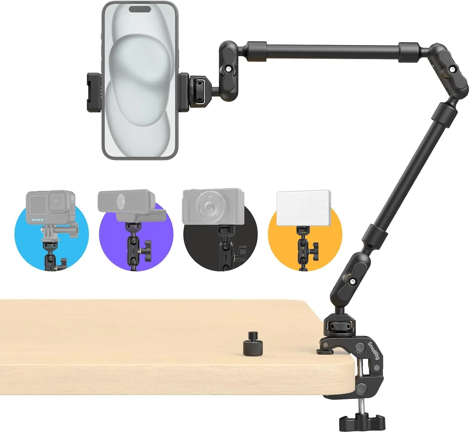SmallRig 4766 Magic Arm with Clamp - Adjustable Smartphone Accessories, Overhead Cellphone Mount, Flexible Desk Camera Boom Arm, Thread Adapter for Phone Grip Holder, Light, Webcam, Mic, Action Camera, Content Creators, Adjustable Phone Stand