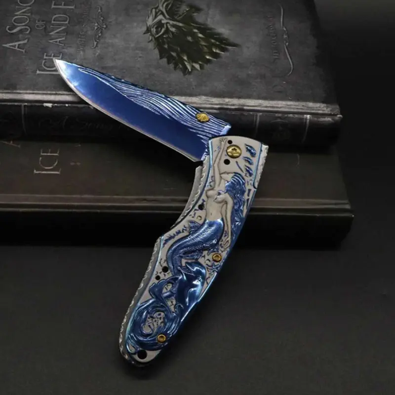 3D Mermaid Engraved Folding Pocket Knife, 8.5cm Stonewash Blade, Multi-Color Handle, Outdoor EDC Survival Gear for Camping, Durable Outdoor Tool, Folding Pocket Knives, Foldable Blade, Mermaid Engraving, Camping Supplies, Outdoor Gadgets