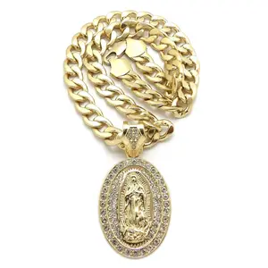 MaxBling81 Unisex Hip Hop Gold Plated Metal Virgin Mary/Guadalupe Oval Pendant Cuban Chunky Chain Link Necklace, 10mm, 18"-30" Multi-Size Gold Statement Necklace for Daily Wear, Chain Link Necklaces