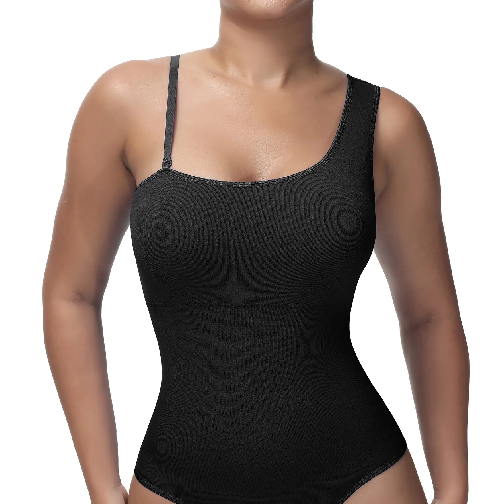 Soo Slick Women's Sculpting Mono Strap Bodysuit – Tummy Control, Thong Style, Removable Padding & Straps – Minimalist Sleeveless Shapewear Top Body Shaping Underwear High Waist Shaping Black Basic