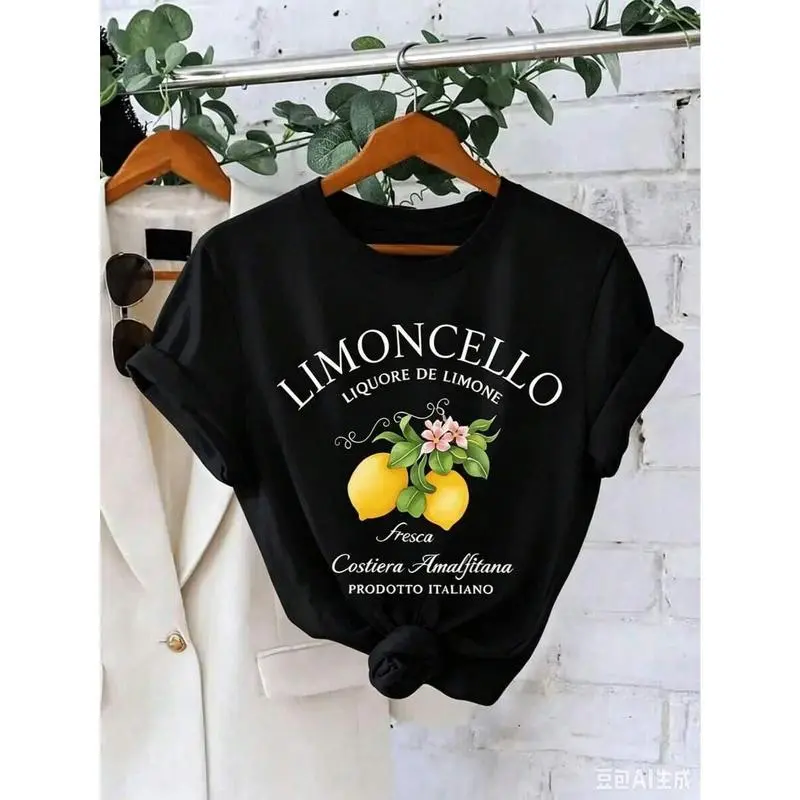 Women's Casual Limoncello Lemon Print Round Neck Short Sleeve Cotton T-Shirt, Perfect For Summer Outfits