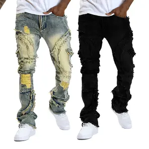 Mens Black Blue Stacked Jeans Slim Fit Ripped Jeans Drape Destroyed Straight Denim Pants Harajuku Hip Hop Trouser Streetwear Stretchy stylish Comfortable Menswear(S-XXL) For All Seasons