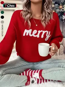 WOMEN'S RED PULLOVER SWEATER, CHRISTMAS FALL/WINTER 2025 OUTFIT, ROUND NECK CASUAL CUTE PULLOVER SWEATER FOR WOMEN, SUITABLE FOR DAILY OUTINGS, PARTIES,  LADIES CHRISTMAS AUTUMN-WINTER CLOTHES