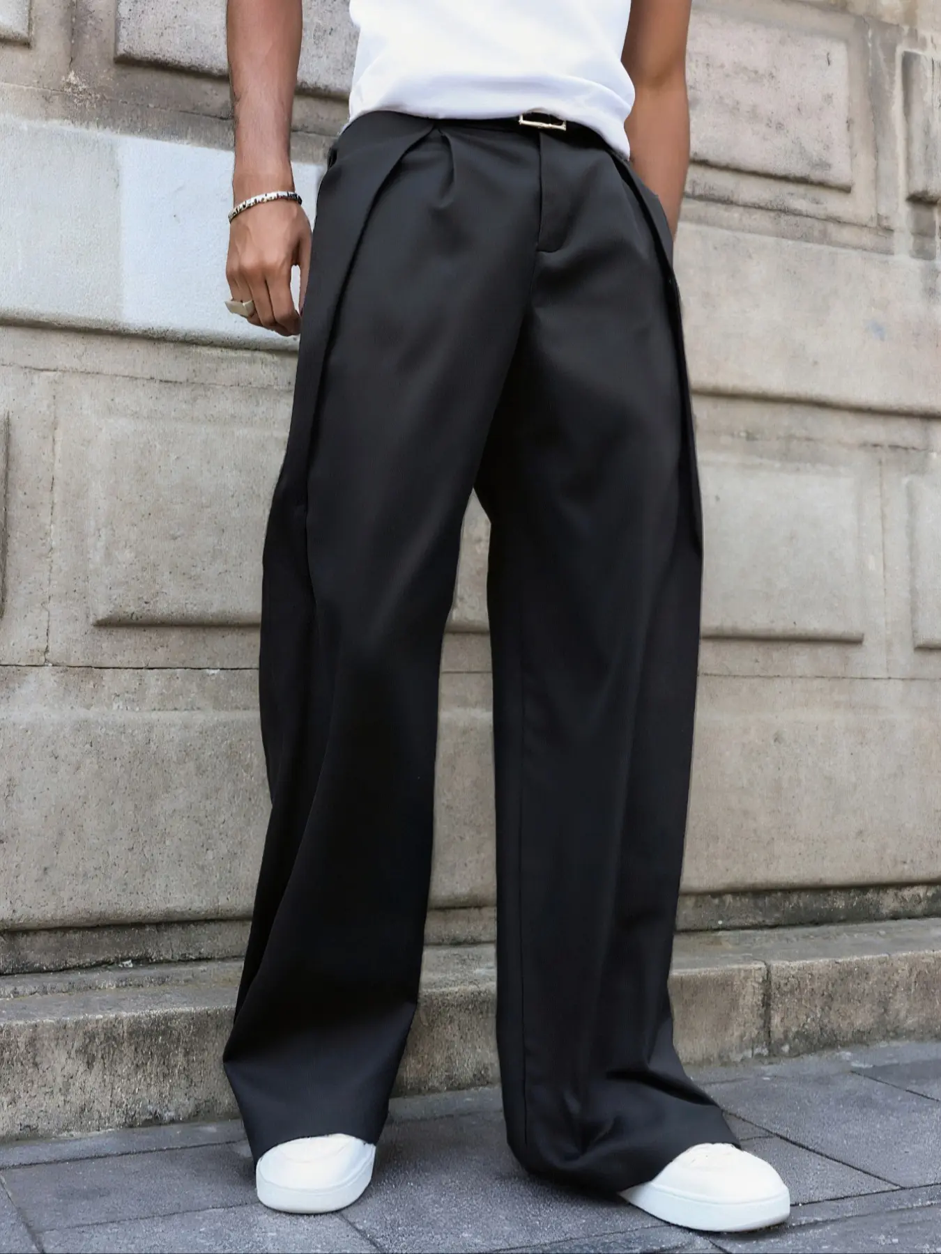 Men's Fashion Wide Leg Pants, Casual Trousers, Casual Fitted Pants, Casual Street Pants, Stylish Wrinkled Buttoned Regular Length Pants for All-Season, Suitable for Daily Use