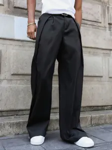 Men's Fashion Wide Leg Pants, Casual Fitted Pants, Stylish Wrinkled Buttoned Regular Length Pants for All-Season, Suitable for Daily Use