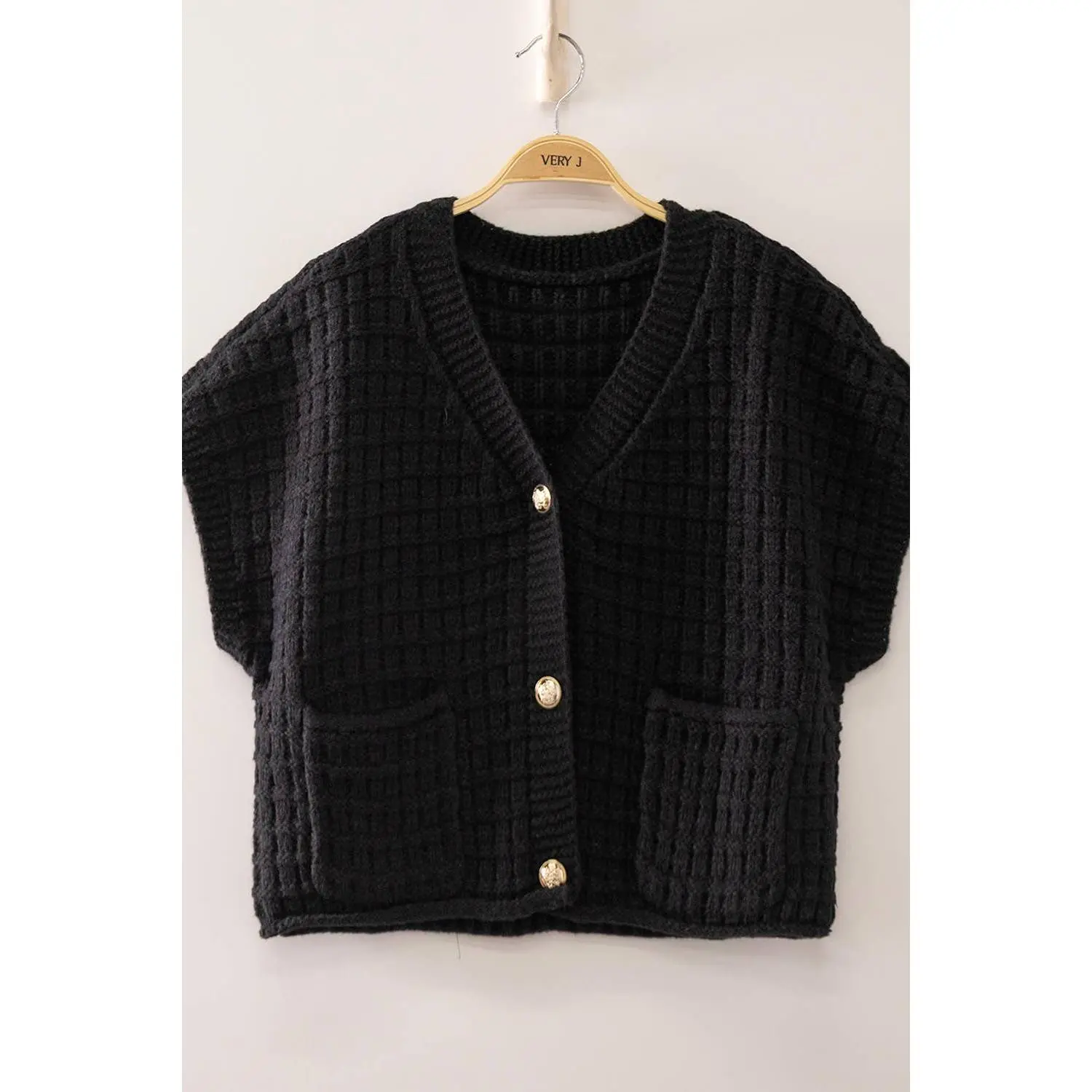 Black Waffle Crop Cardigan