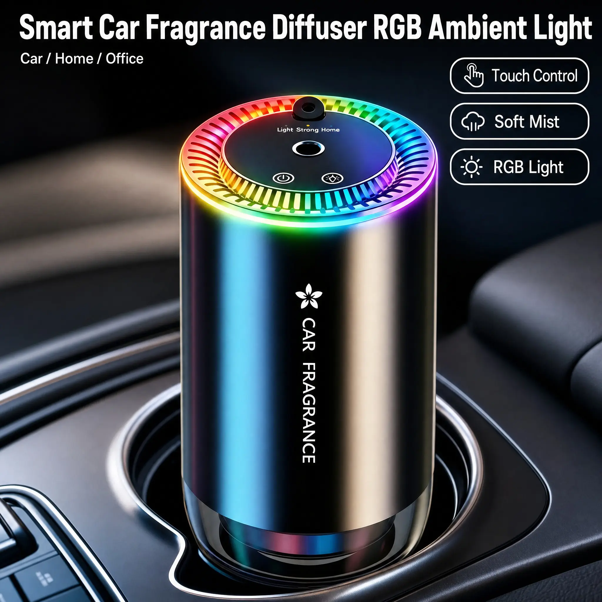Smart Car Cup Holder Diffuser with Built-in Star Projector Light & RGB Ambient Light, Type-C Rechargeable Vehicle Interior Odor Eliminator