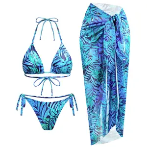 Women's Three Piece Swimsuit - Sexy Triangle Halter Bikini Sets with Sarong Cover Up String Tie Side Bathing Suits  SwimWeek  summervibes