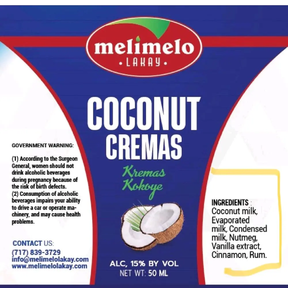 Melimelo Organic Coconut Cremas Kremas Kokoye 50 ML - Coconut Milk, Evaporated Milk, Condensed Milk, Nutmeg, Vanilla Extract, Cinnamon, Rum Protein Calcium Dairy Milky