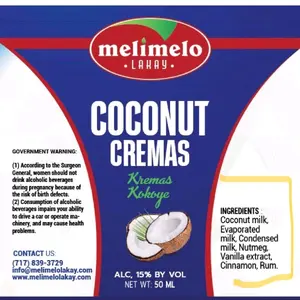 Melimelo Organic Coconut Cremas Kremas Kokoye 50 ML - Coconut Milk, Evaporated Milk, Condensed Milk, Nutmeg, Vanilla Extract, Cinnamon, Rum Protein Calcium Dairy Milky