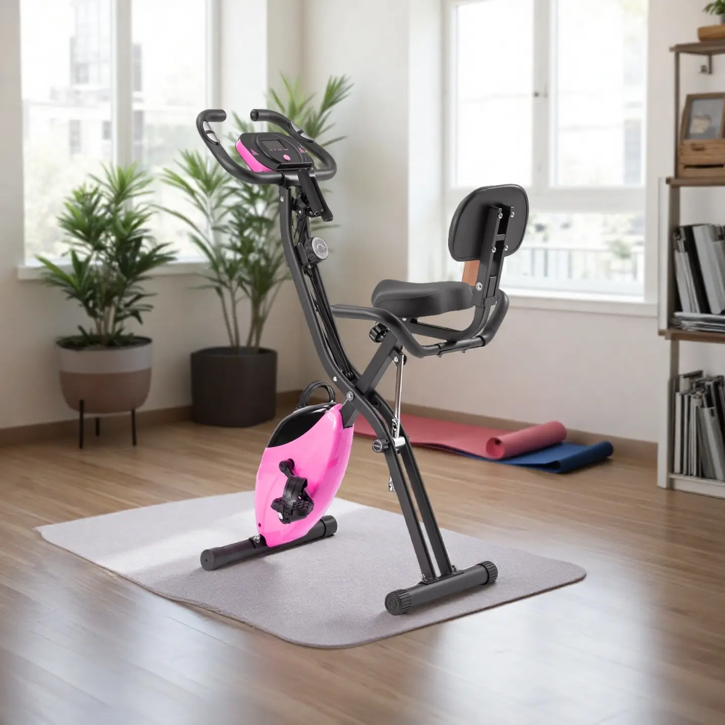 350LBS Folding Exercise Bike - 16-Level Resistance Upright/Recumbent X-Bike with Arm Bands & Backrest (Pink) Portable Mini Trampoline with Handle Bar Adjustable Height Foldable Mini Trampoline Ankle Resistance Band Training Set home gift, Women, Transport