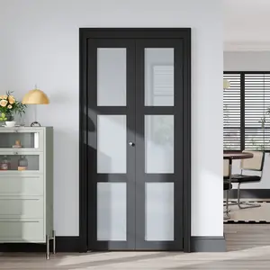 EASELIFE Frosted Glass & Solid Wood Bi-Fold Door with Installation Hardware Kit for Modern Home Interiors