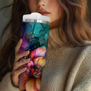 Stainless Steel Insulated Water Bottle with Lid & Straw, Floral Print Design, Portable Travel Mug for Summer Winter Outdoor Use, Vacuum Insulated Cup, Tumbler Drinkware, Thermo Tumbler, Vacuum Insulated Flask, Traveler Tumbler