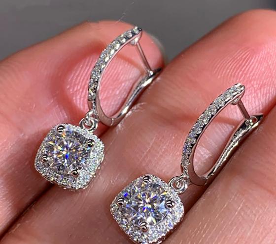 S925 silver plated cushion cut moissanite earrings, luxurious halo diamond earrings, skin-friendly design, hypoallergenic halo drop earrings, engagement and wedding jewelry for women, romantic gift for her