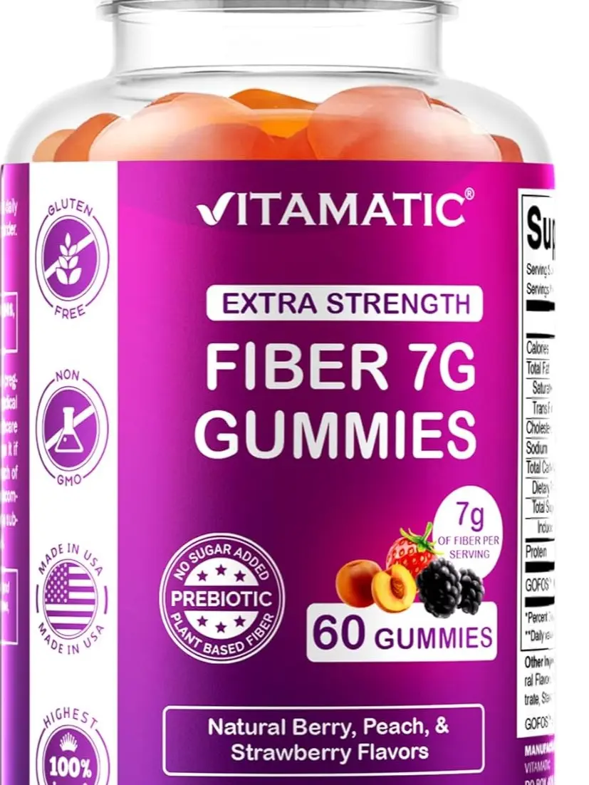 Vitamatic Prebiotic Fiber Gummies for Adults - 7g Fiber per Serving - 60 Pectin-Based Extra Strength Gummies - 0 Sugar Added - Supports Digestive Health & Regularity - Non-GMO, Vegan, Gluten-Free