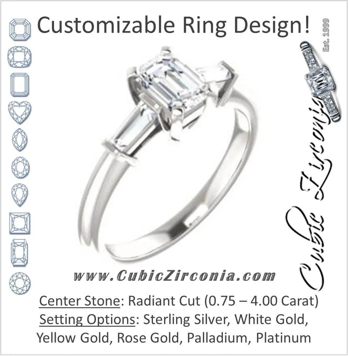 Cubic Zirconia Engagement Ring- The Monica (Customizable Radiant Cut Center with Dual Tapered Baguettes)