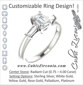 Cubic Zirconia Engagement Ring- The Monica (Customizable Radiant Cut Center with Dual Tapered Baguettes)