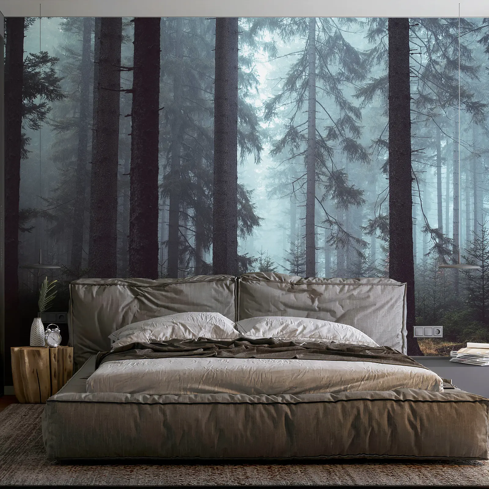 Misty Pine Forest Wall Mural Peel and Stick Wallpaper Moody Woodland Bedroom Backdrop 5-Panel 148×98 in Grey Canvas