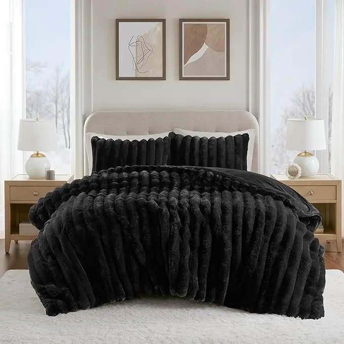 Madison Park 3-Piece Ultrasoft Faux Fur Ribbed Comforter Set - Reversible Crystal Velvet, All Season Comfy Decorative Queen Bedding Set, Comfy Bedding Sets, Decorative Bedding Set