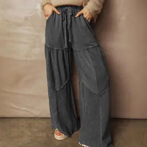 Western Style Mineral Wash Wide Leg Pants for Women High Waist Tiered Patchwork Palazzo Trousers Plus Size Casual Vacation Lounge Bottoms