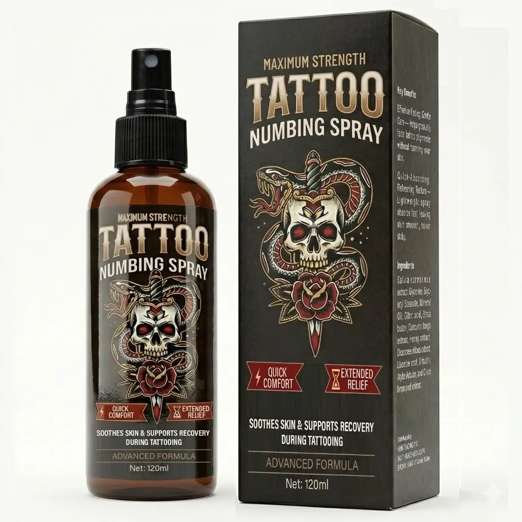 Maximum Strength Tattoo Numbing Spray - Fast-Acting Lidocaine Formula, Skin-Soothing, Tattoo Recovery Support, 120ml for Painless Tattooing