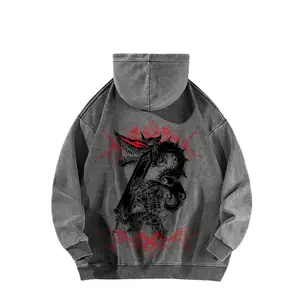 Guts from *Berserk* is depicted wearing his Berserker armor on this American-made, washed hooded sweatshirt.  It features a standard American fit and a street style design.