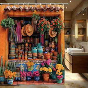 A Mexican western country-style shower curtain, waterproof, abrasion-resistant, easy to clean, machine washable, available in multiple sizes, perfect for bathroom decoration, partitions, enhancing space, and comes with shower curtain hooks