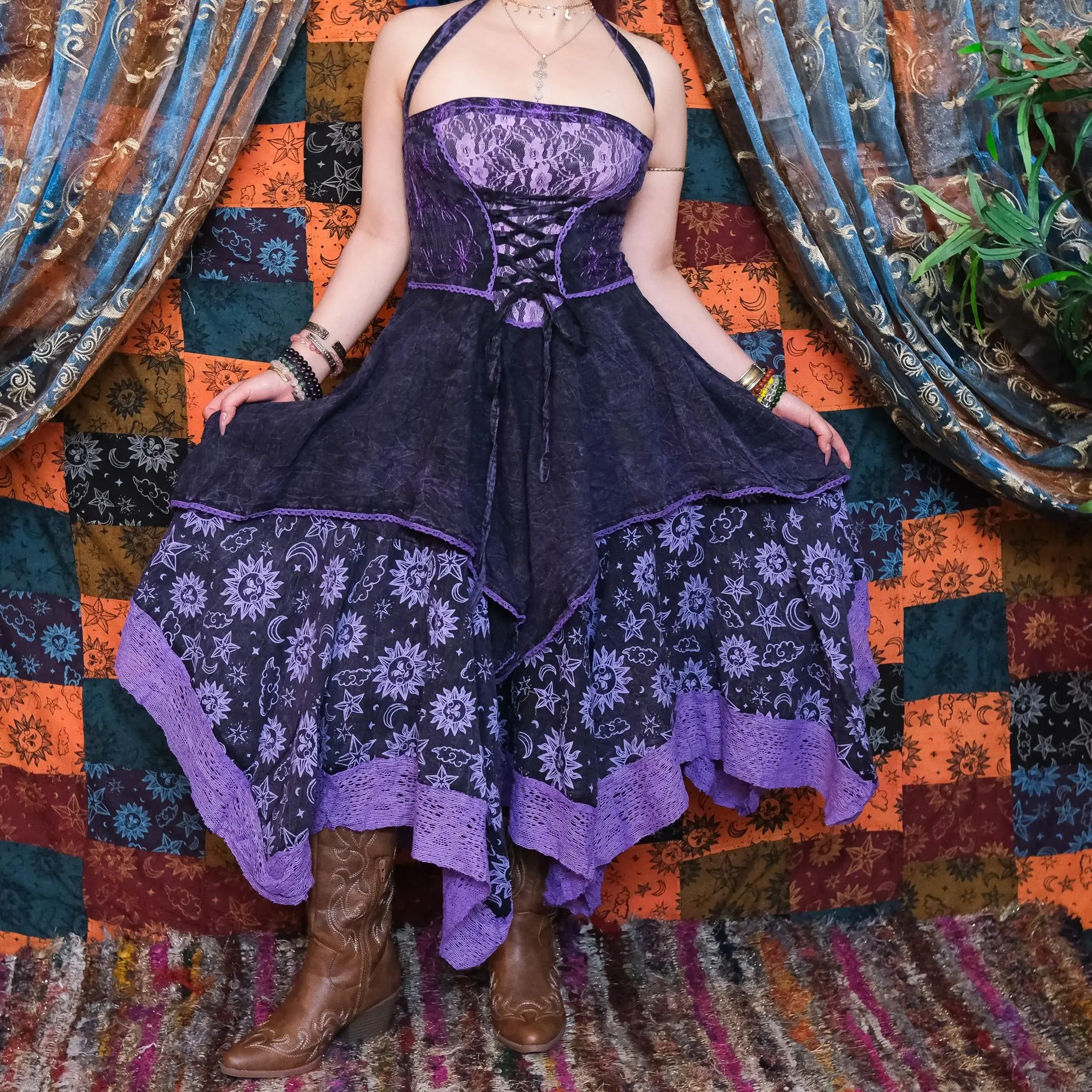 Witchy Celestial Cotton Pixie Dress, Fairy Goth Assymetrical Cottage core Dress, Maxi Boho Corset Fae Halter Dress, Handkerchief Lace Dress