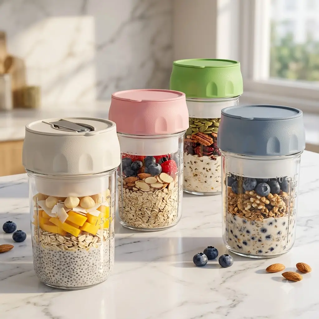 Portable Overnight Oats Jars with Lid and Spoon, 2-in-1 Dry Wet Cereal Yogurt Cup, Leakproof Glass Oatmeal Container for Meal Prep (4 Pastel Colors)